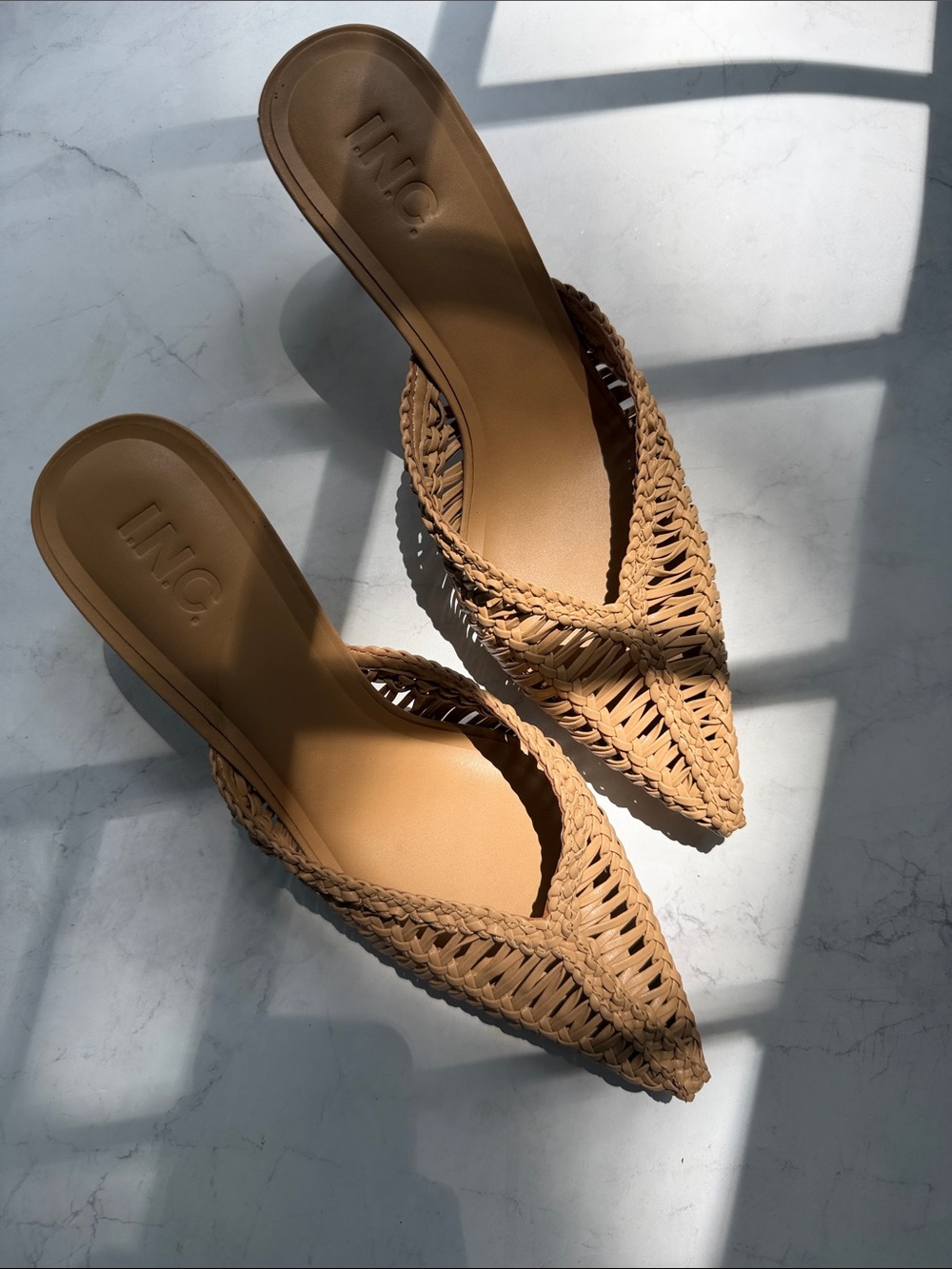 I.N.C. Woven Pointed-Toe Slip-On Mules in Tan